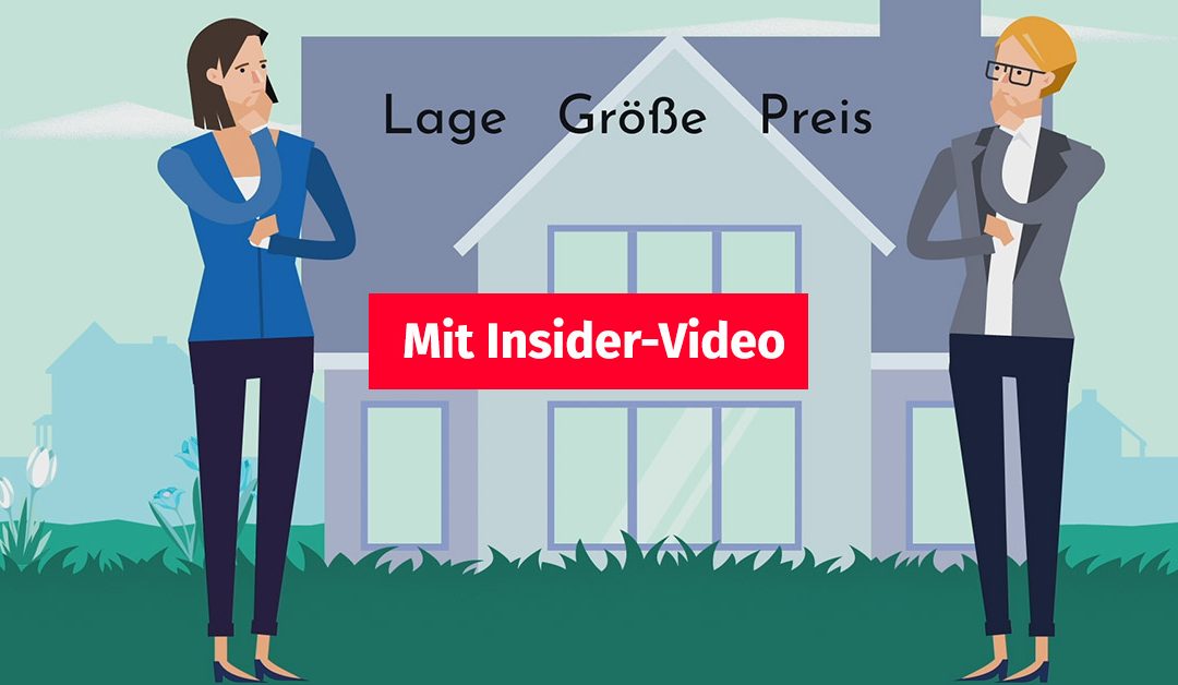 Illustration: Zwei Frauen stehen vor einem Haus und überlegen, wie sie es am besten für den Immobilienverkauf präsentieren, darüber steht "Lage, Größe, Preis", in der Mitte befindet sich ein Button auf dem steht "Mit Insider-Video" | Home Staging