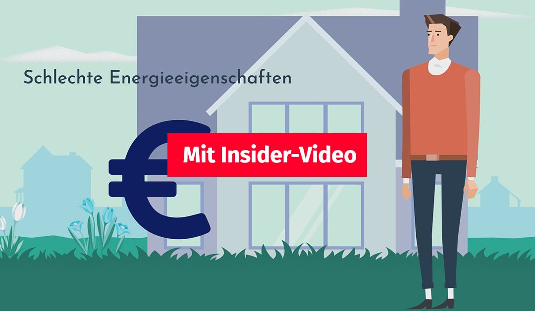 Animation: Ein Mann steht vor einem Haus und überlegt, wie er den Wert seiner Immobilie erhalten kann, neben ihm steht ein große Euro-Zeichen, und im Vordergrund steht ein Button mit "Mit Insider-Video" | Werterhalt durch Energieeffizienz